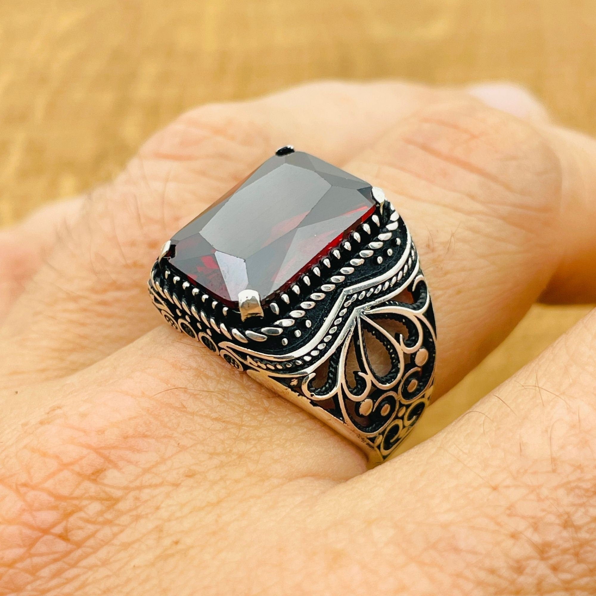 Men's Handmade Turkish Sterling Silver Ruby Statement Ring