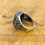 خاتم مربع أنيق للرجال مصنوع يدوياً من الفضة الإسترلينية بحجر الأكوامارين التركي