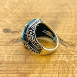 خاتم مربع على الطراز العثماني للرجال بحجر الأكوامارين - فضة استرلينية 925 مصنوعة يدوياً