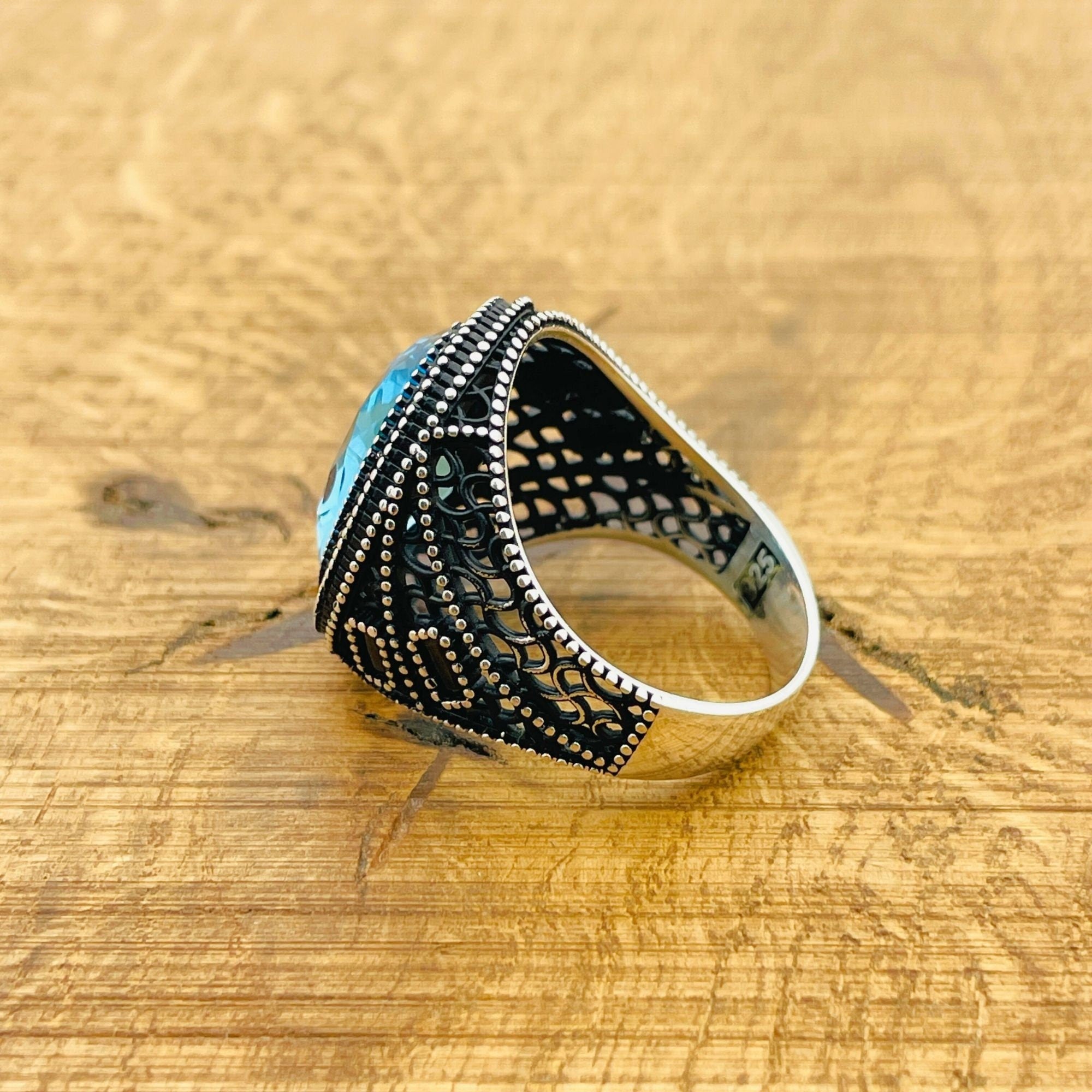خاتم رجالي تركي مصنوع يدويًا من الفضة الإسترلينية 925 مع حجر أكوامارين أزرق بيضاوي - هدية
