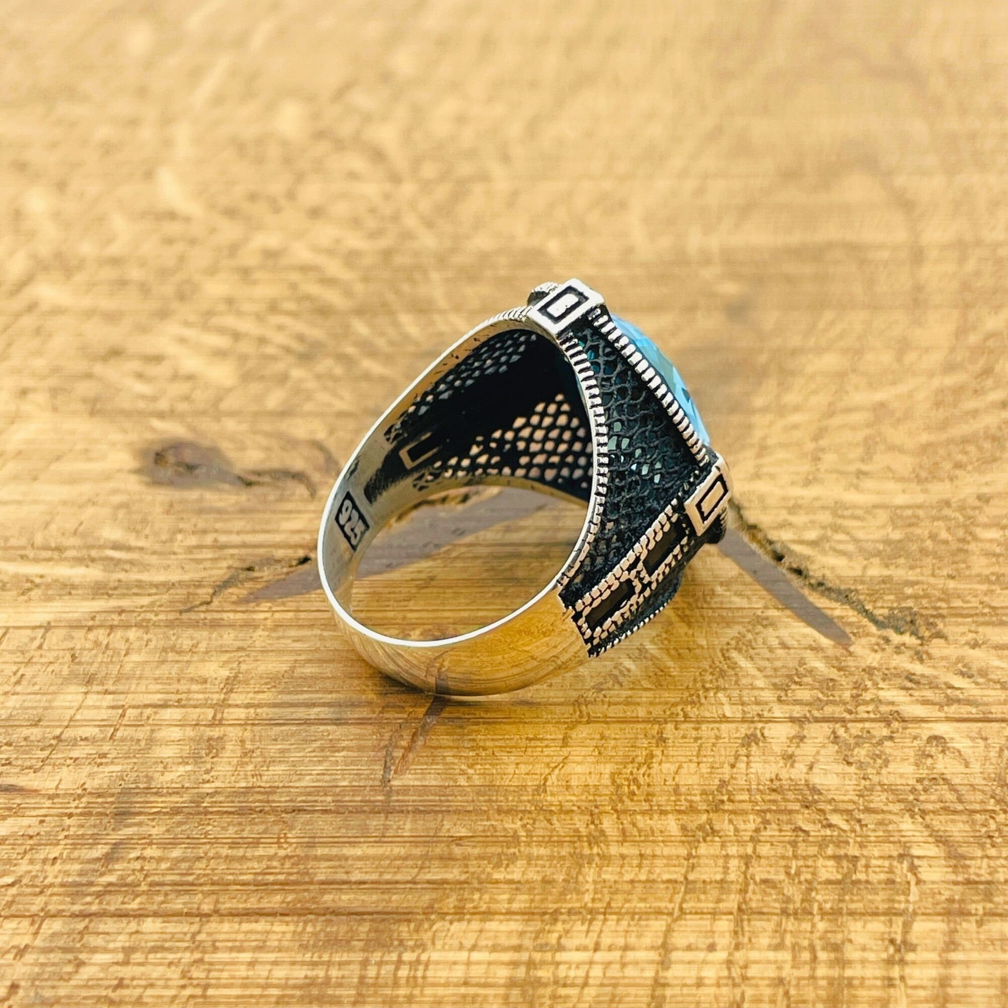 Men's Aquamarine Compass 925 Sterling Silver Ring - Handmade Turkish Artisan Jewelry