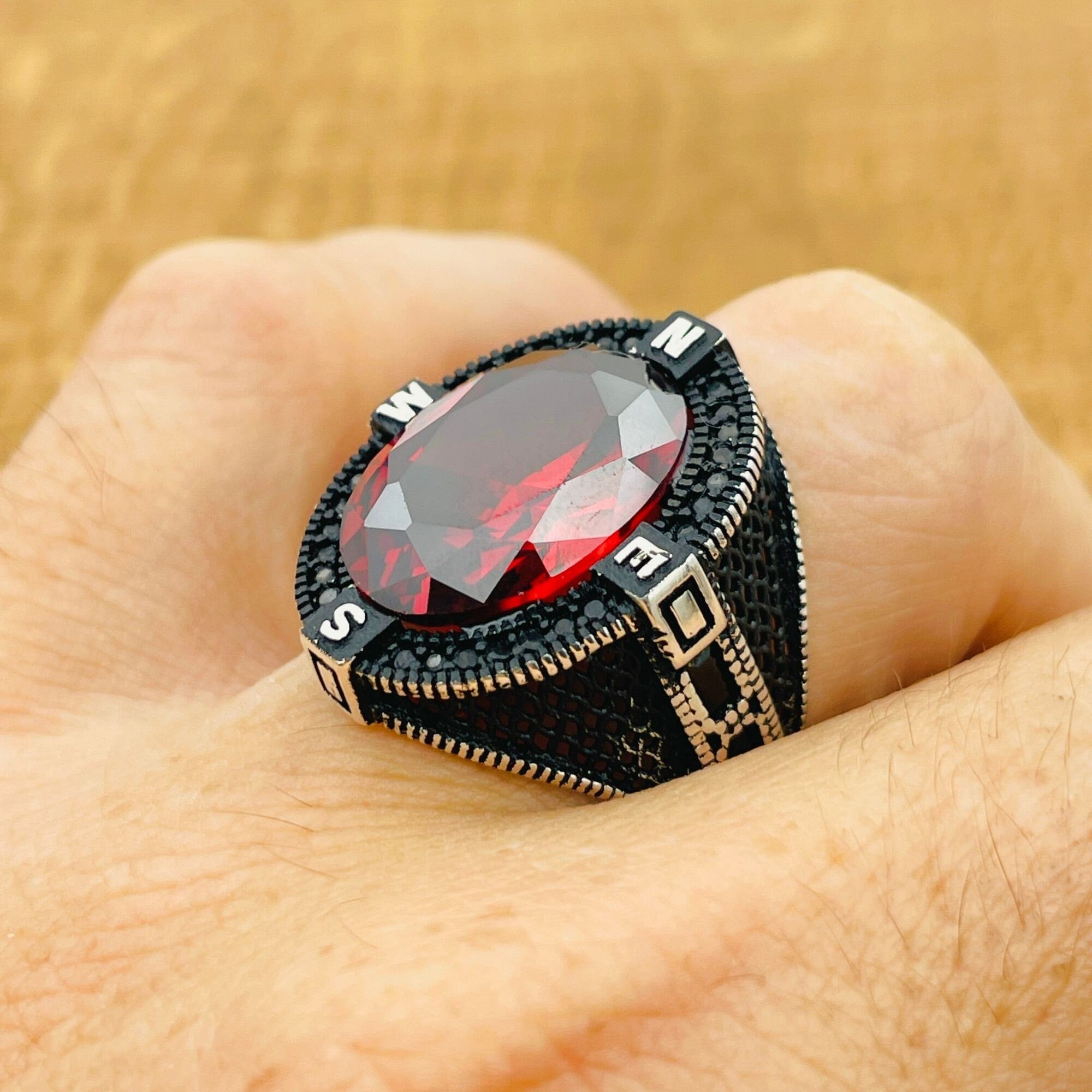 Turkish Handmade 925 Sterling Silver Men's Ruby Compass Ring - Unique Oval Gemstone