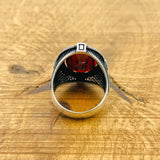 Turkish Handmade 925 Sterling Silver Men's Ruby Compass Ring - Unique Oval Gemstone