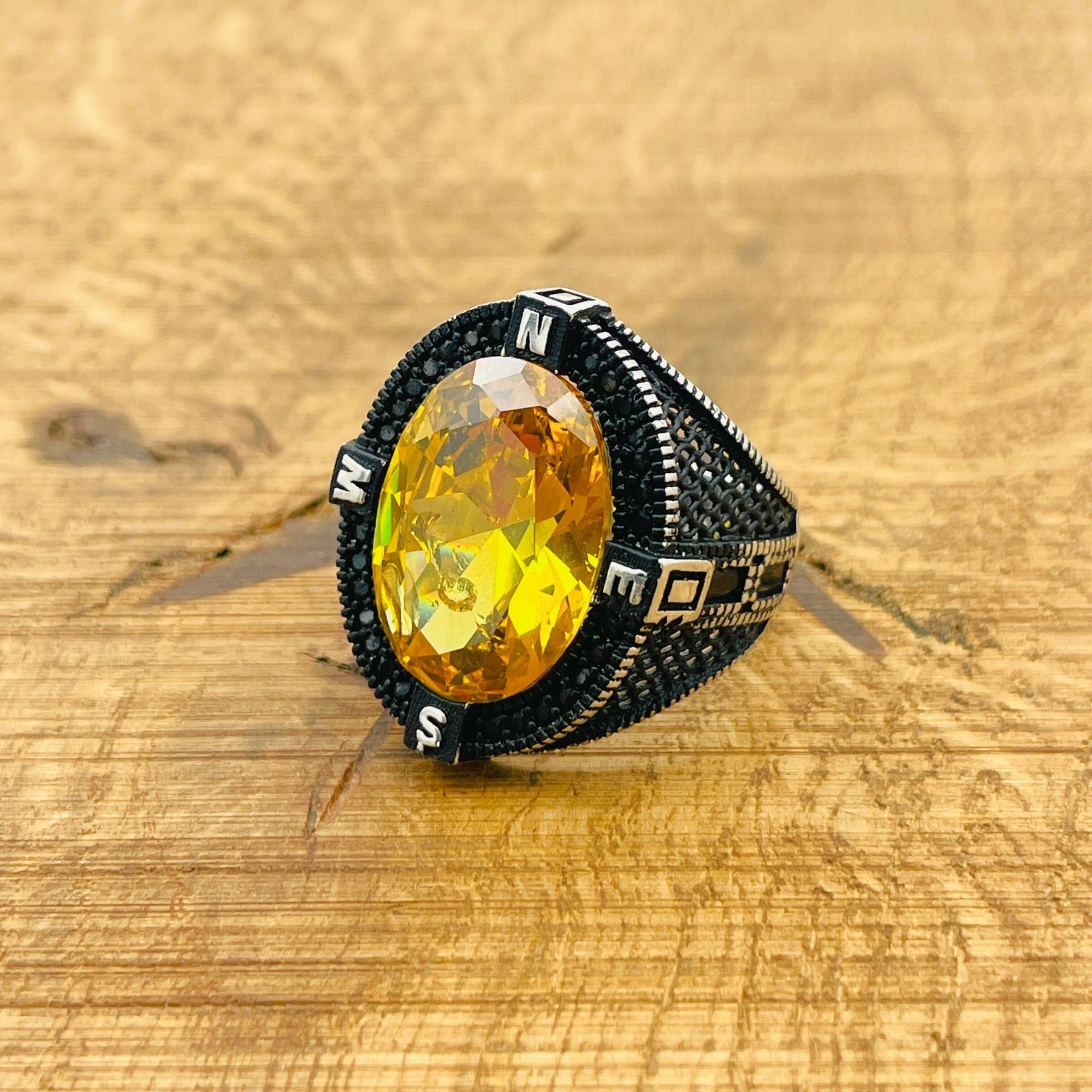 Artisan Turkish Handmade Men's Citrine Compass 925 Sterling Silver Ring