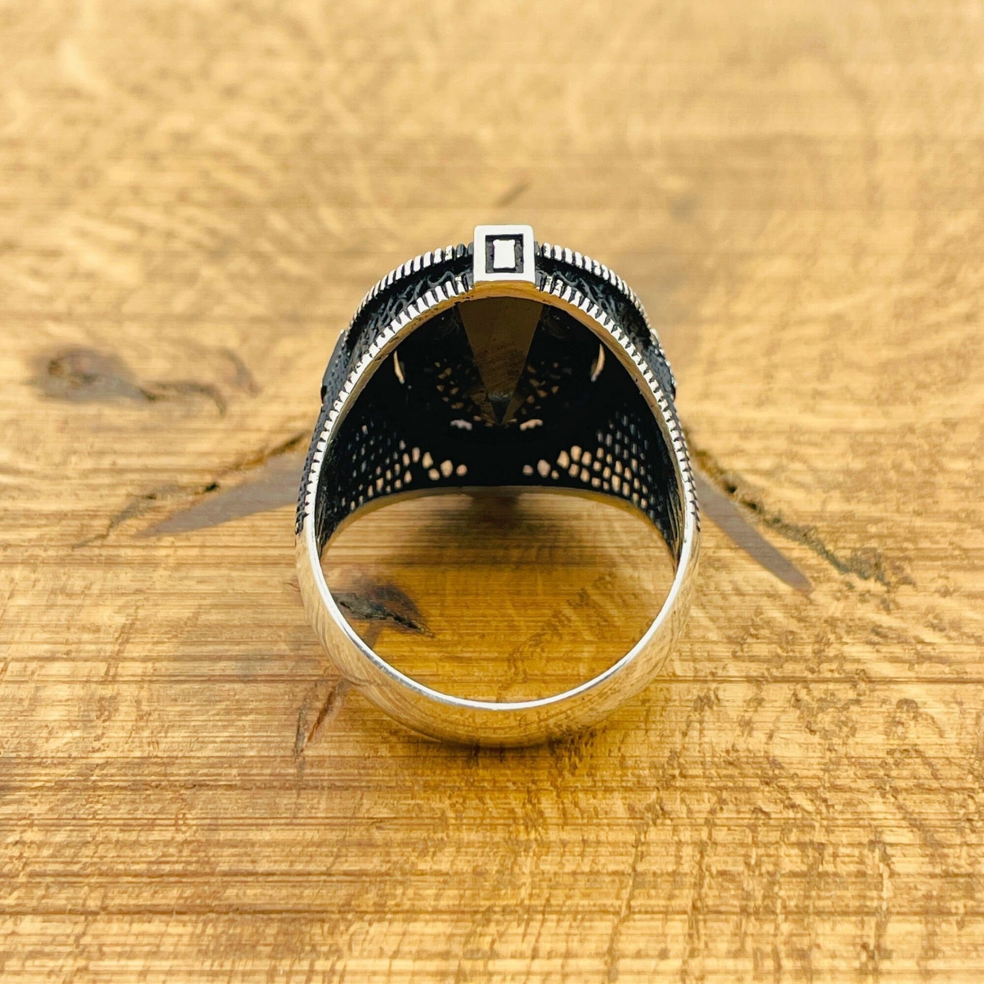 Handcrafted 925 Sterling Silver Men's Black Zircon Compass Ring