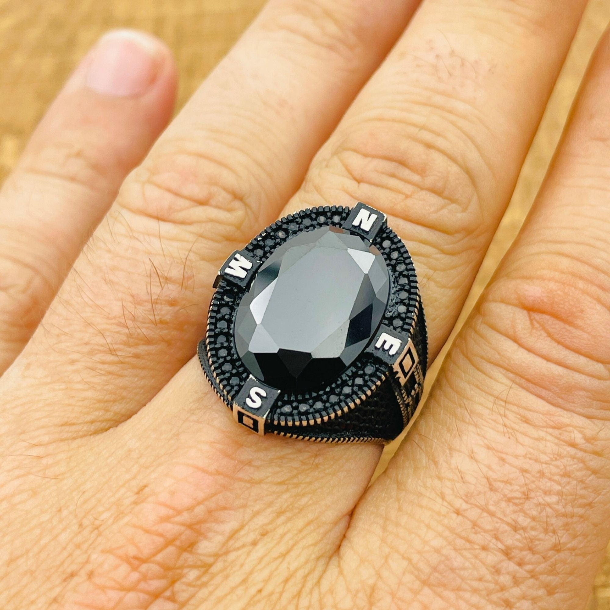 Handcrafted 925 Sterling Silver Men's Black Zircon Compass Ring