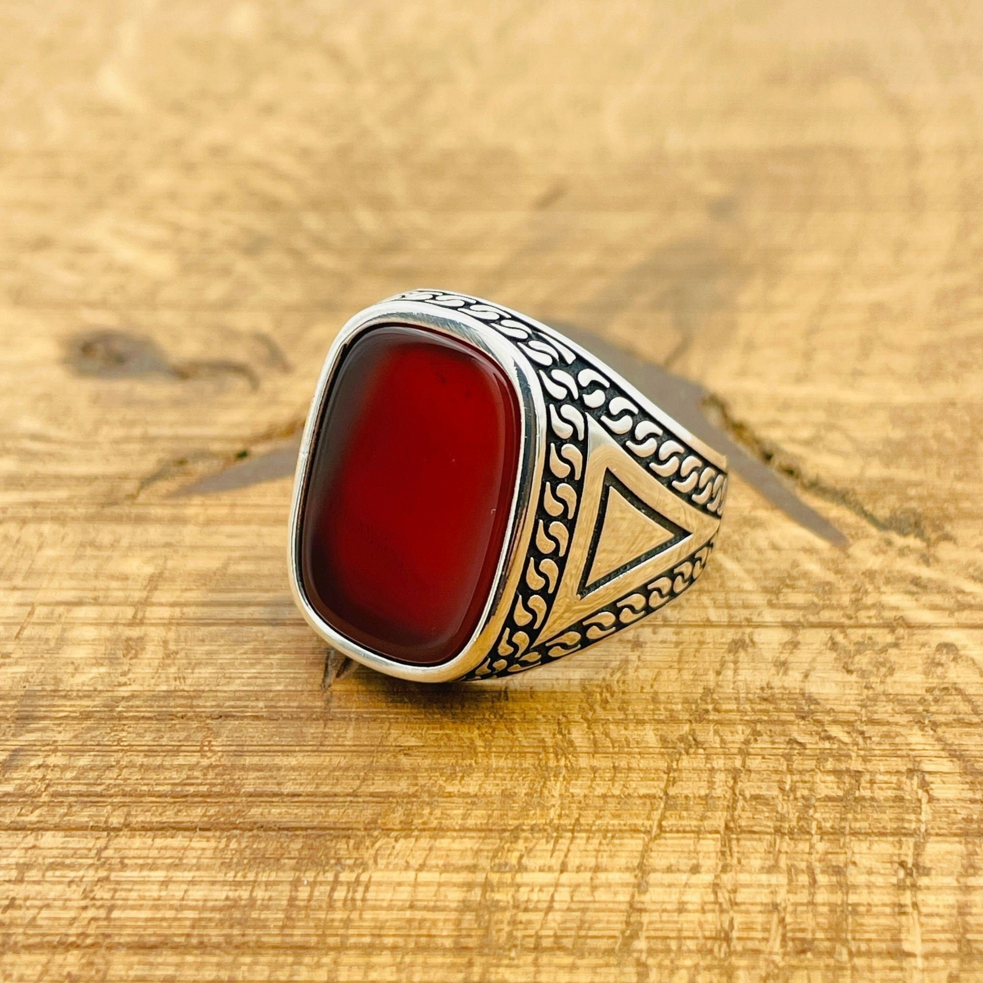 Men's Handmade 925 Sterling Silver Red Square Agate Ring - Authentic Gemstone Gift
