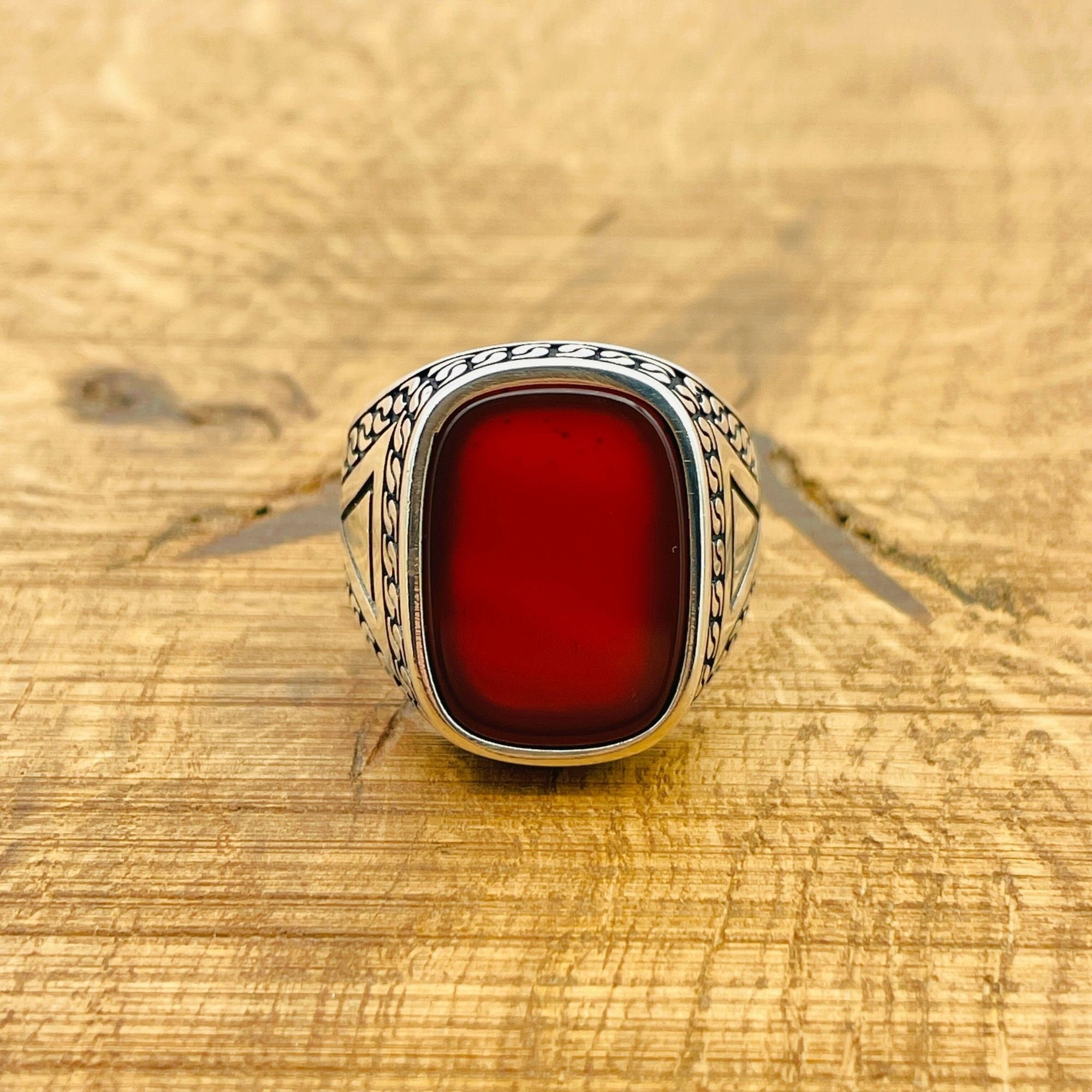 Men's Handmade 925 Sterling Silver Red Square Agate Ring - Authentic Gemstone Gift