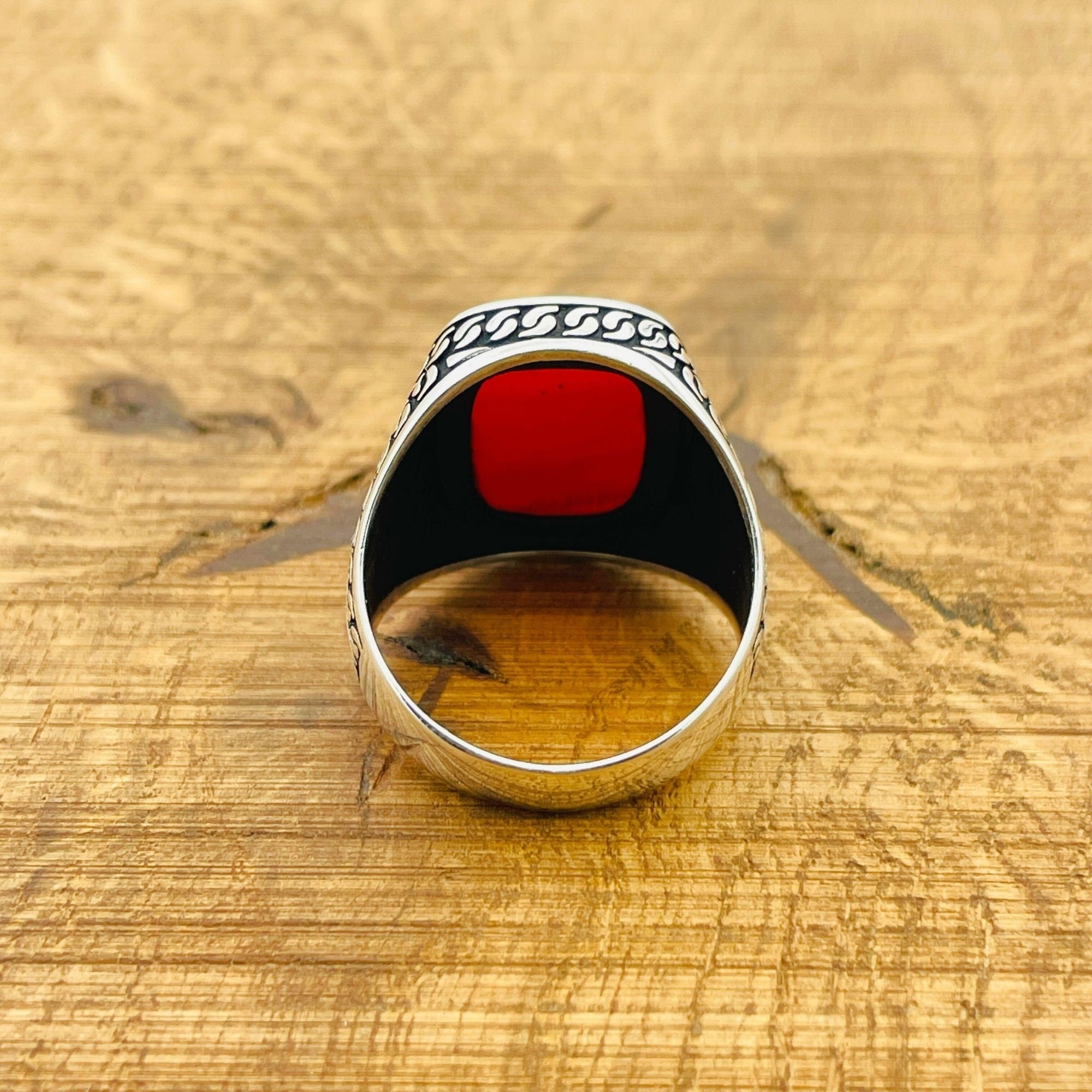 Men's Handmade 925 Sterling Silver Red Square Agate Ring - Authentic Gemstone Gift