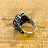 خاتم رجالي أنيق مربع بحجر الأكوامارين فضة إسترليني 925 - مجوهرات تركية مصنوعة يدوياً