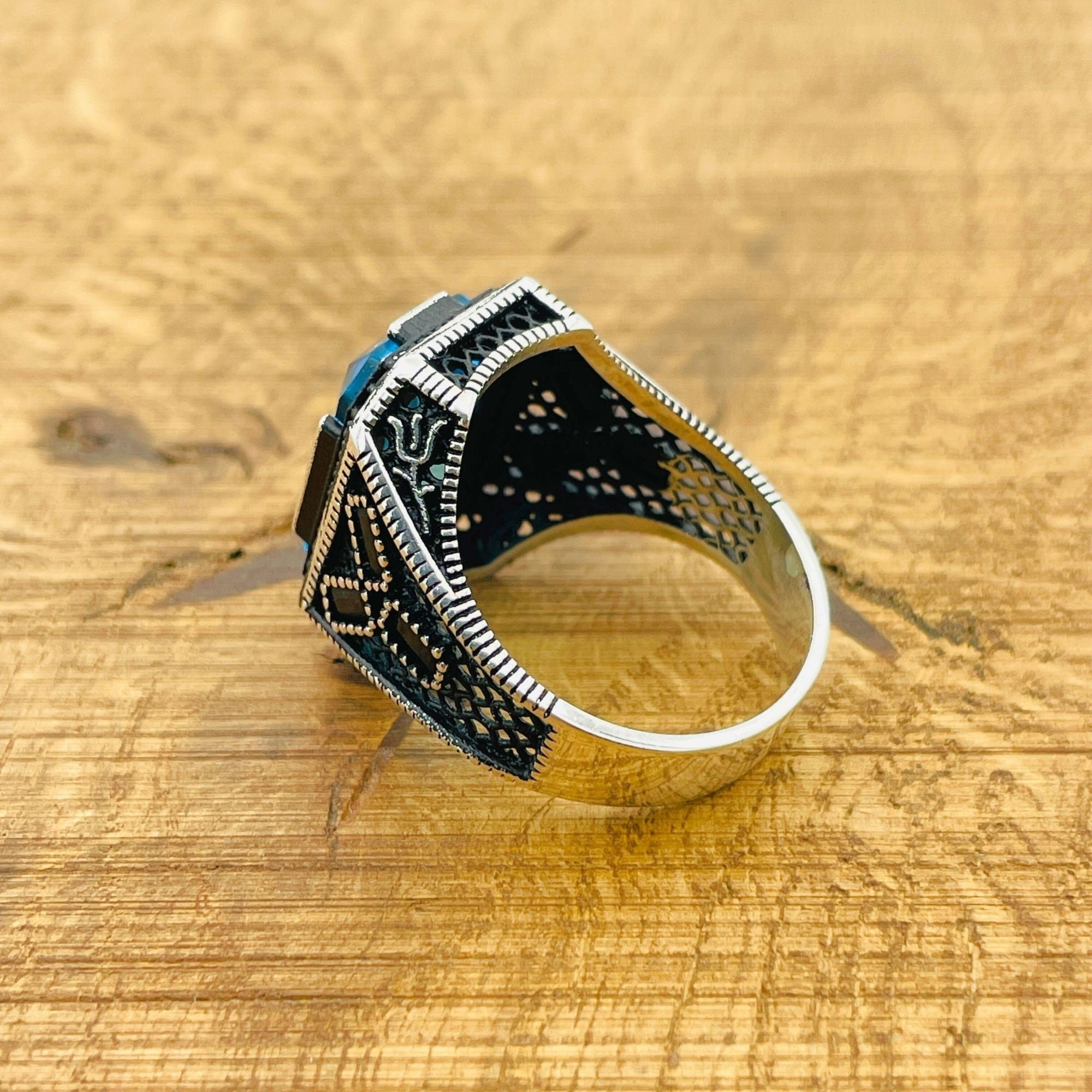 خاتم رجالي أنيق مربع بحجر الأكوامارين فضة إسترليني 925 - مجوهرات تركية مصنوعة يدوياً