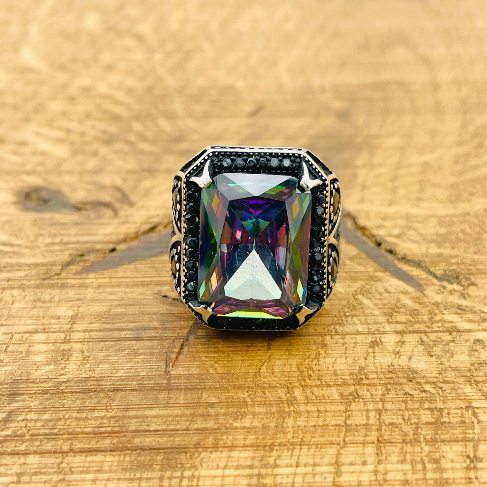 Men's Handcrafted 925 Sterling Silver Mystic Topaz Ring | Ottoman Style Gemstone Jewelry