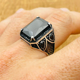 Men's 925 Sterling Silver Black Zircon Square Ring | Turkish Handmade Design