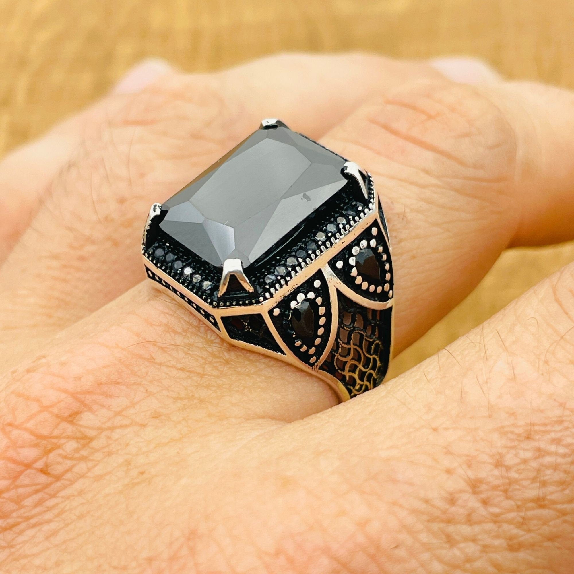 Men's 925 Sterling Silver Black Zircon Square Ring | Turkish Handmade Design