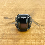 Men's 925 Sterling Silver Black Zircon Square Ring | Turkish Handmade Design
