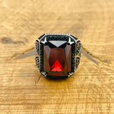Men's Handmade Turkish 925 Sterling Silver Ruby Ring | Square Cut Gemstone