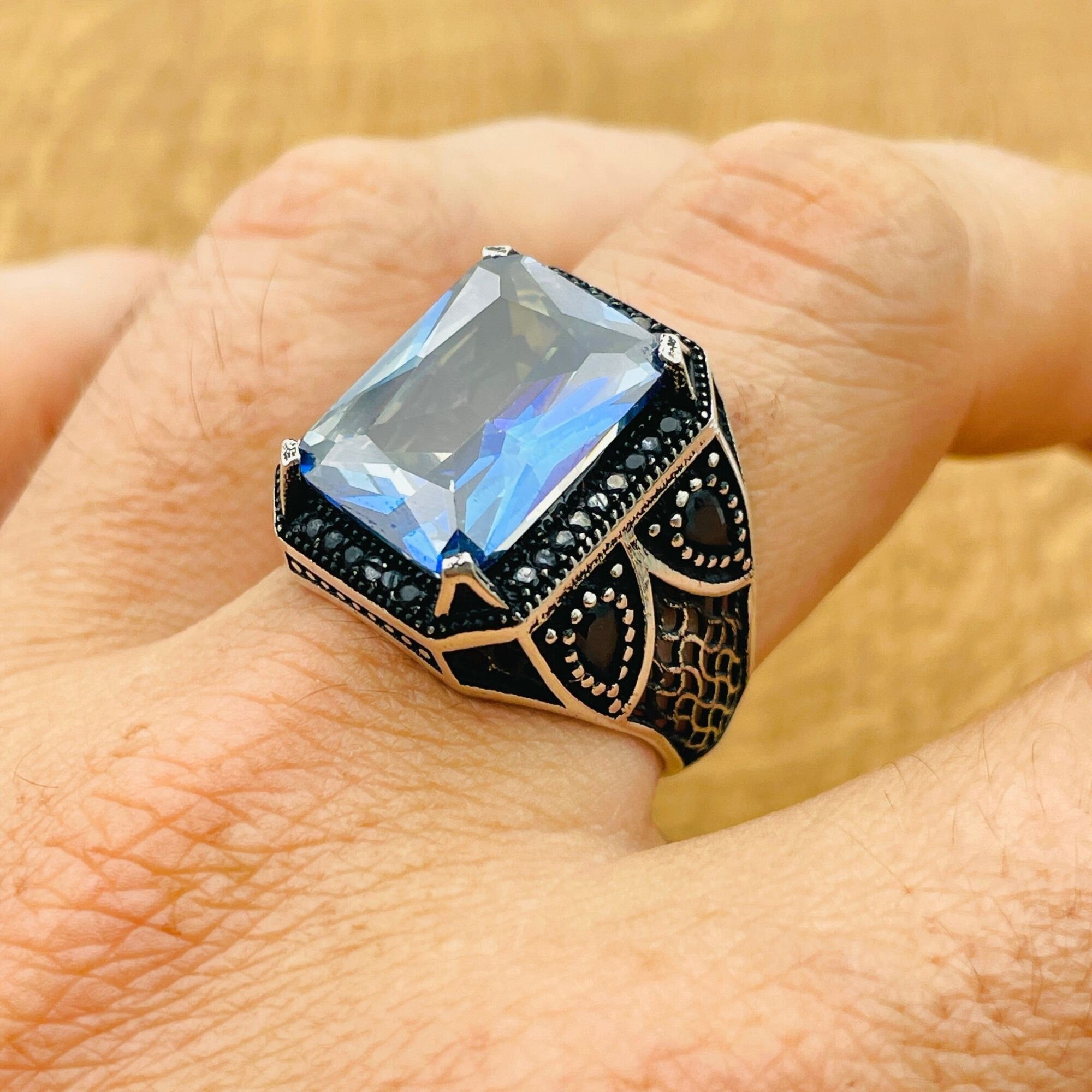 Men's Turkish Handmade Tanzanite 925 Sterling Silver Square Ring - Unique Gift