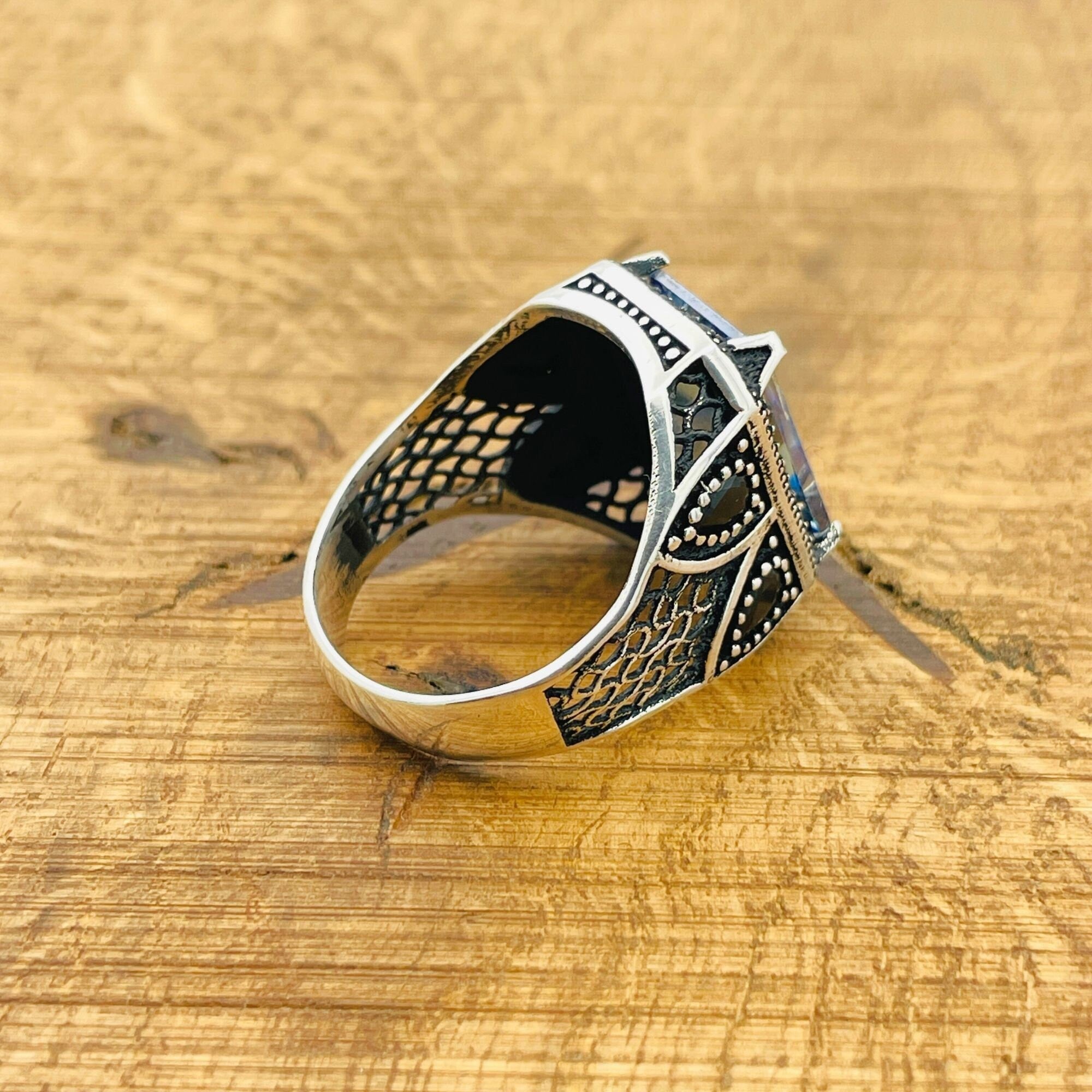 Men's Turkish Handmade Tanzanite 925 Sterling Silver Square Ring - Unique Gift