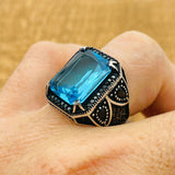Authentic Turkish Handmade Men's Aquamarine 925 Sterling Silver Ring - Square Cut Gemstone, Gift Ready