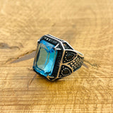 Authentic Turkish Handmade Men's Aquamarine 925 Sterling Silver Ring - Square Cut Gemstone, Gift Ready