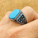 Men's Turkish Handmade 925 Sterling Silver Natural Turquoise Square Gemstone Ring