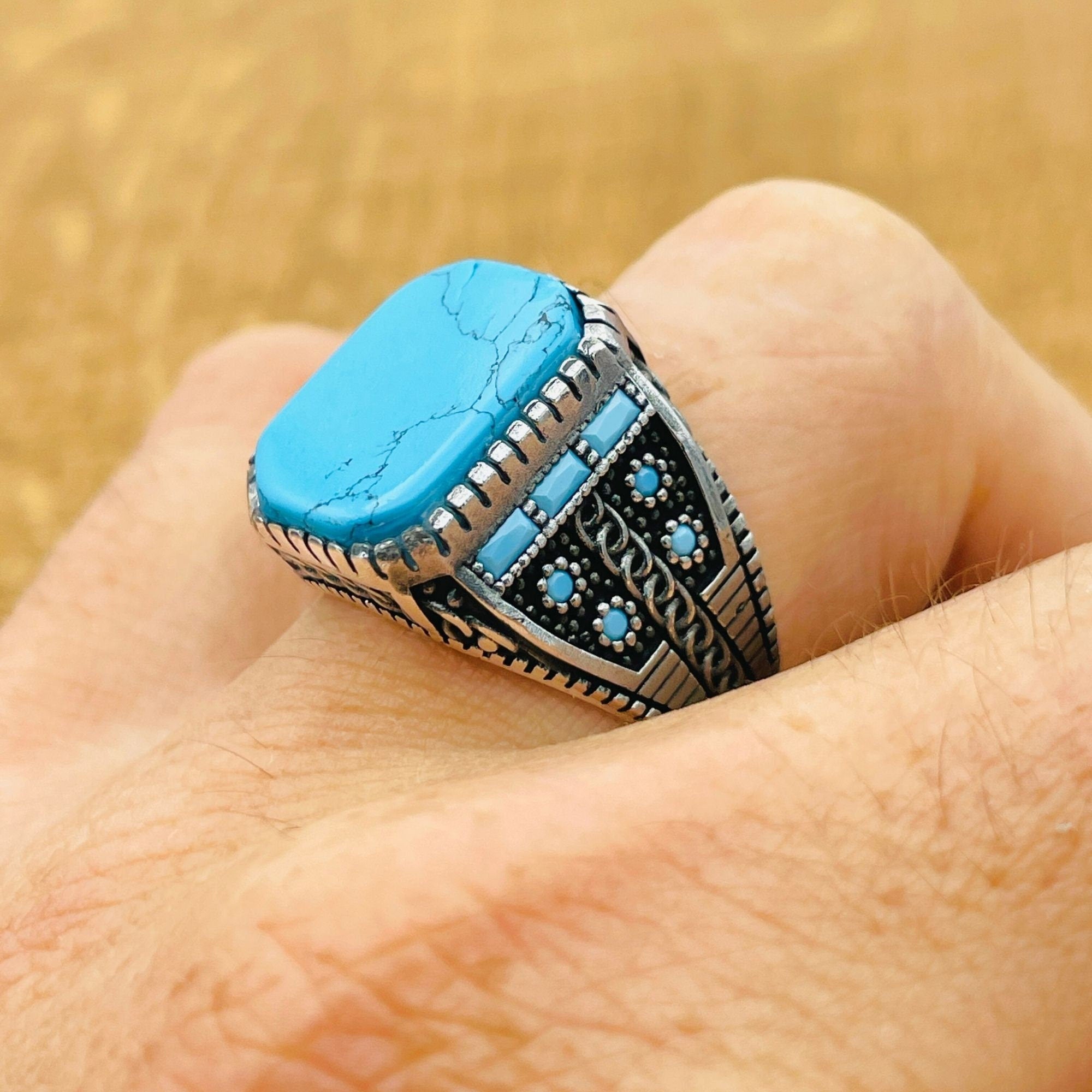 Men's Turkish Handmade 925 Sterling Silver Natural Turquoise Square Gemstone Ring
