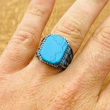 Men's Turkish Handmade 925 Sterling Silver Natural Turquoise Square Gemstone Ring