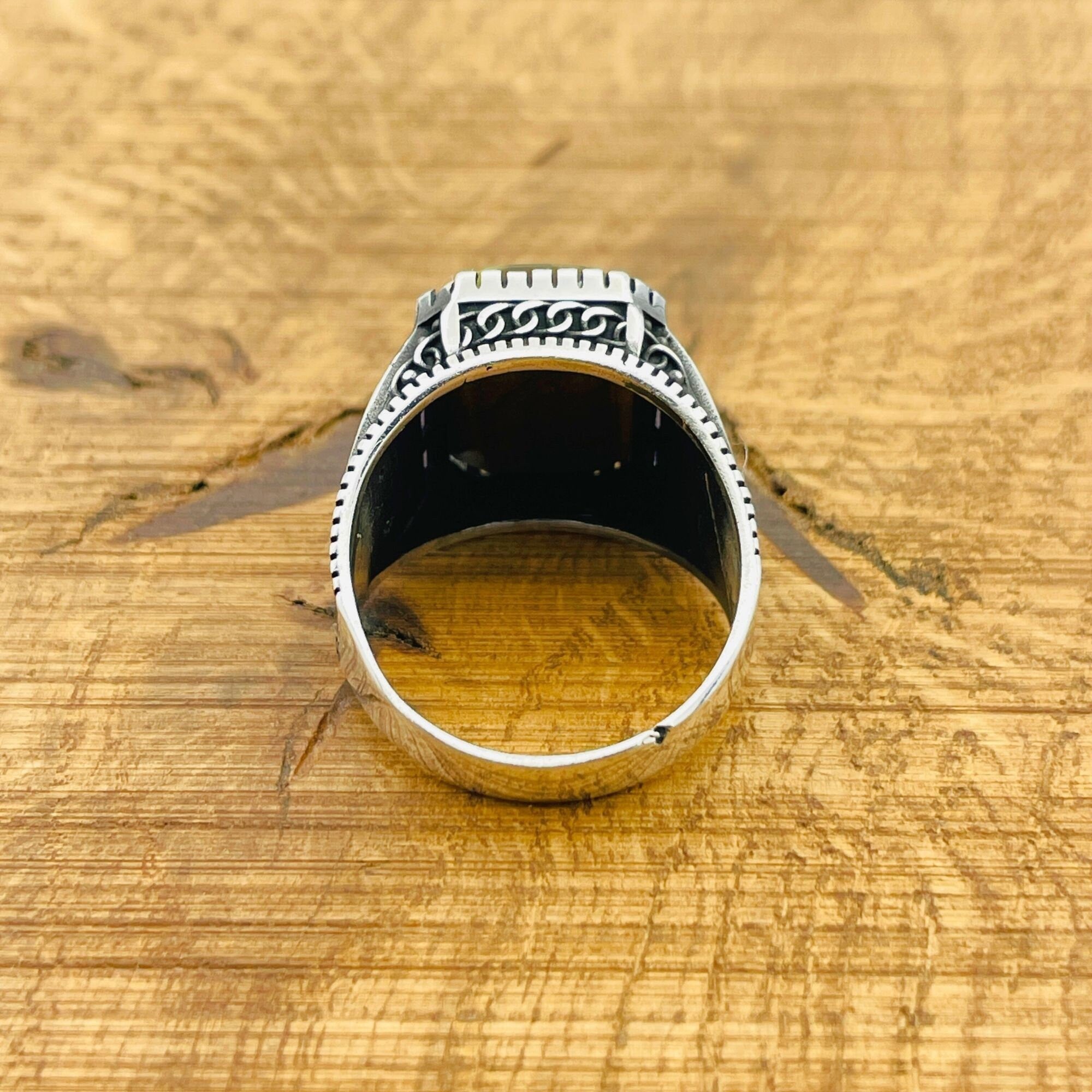خاتم مربع رجالي أصلي تركي مصنوع يدويًا من الفضة الإسترلينية 925 بعين النمر