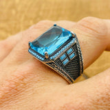 Men's Handmade Turkish Aquamarine Baguette Ring | 925 Sterling Silver Blue Gemstone Gift
