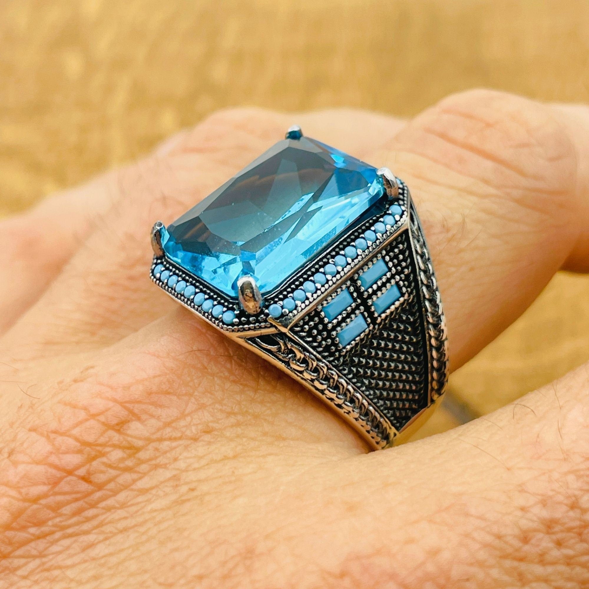 Men's Handmade Turkish Aquamarine Baguette Ring | 925 Sterling Silver Blue Gemstone Gift