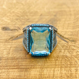 Men's Handmade Turkish Aquamarine Baguette Ring | 925 Sterling Silver Blue Gemstone Gift