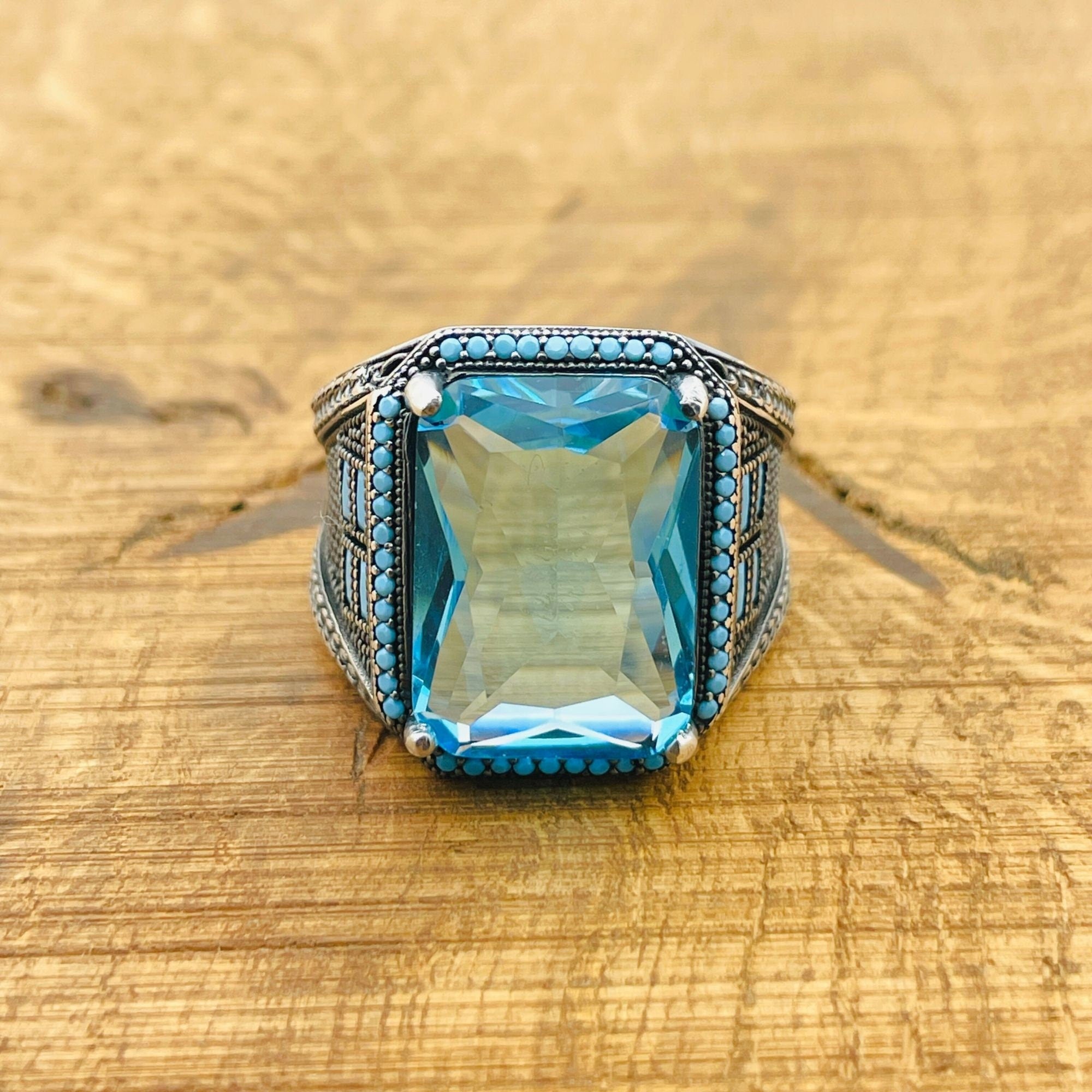 Men's Handmade Turkish Aquamarine Baguette Ring | 925 Sterling Silver Blue Gemstone Gift