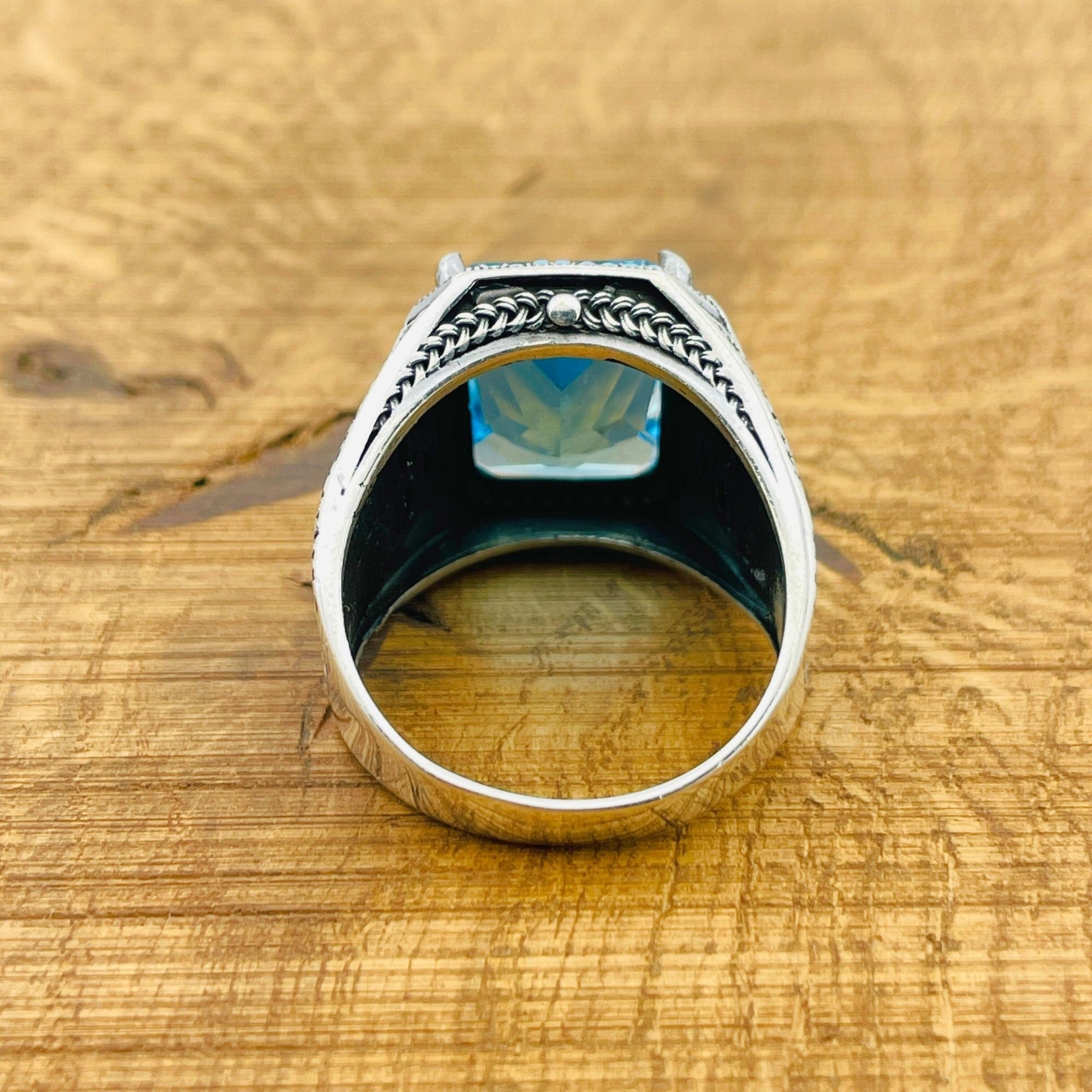 Men's Handmade Turkish Aquamarine Baguette Ring | 925 Sterling Silver Blue Gemstone Gift