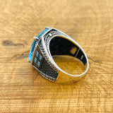 Men's Handmade Turkish Aquamarine Baguette Ring | 925 Sterling Silver Blue Gemstone Gift