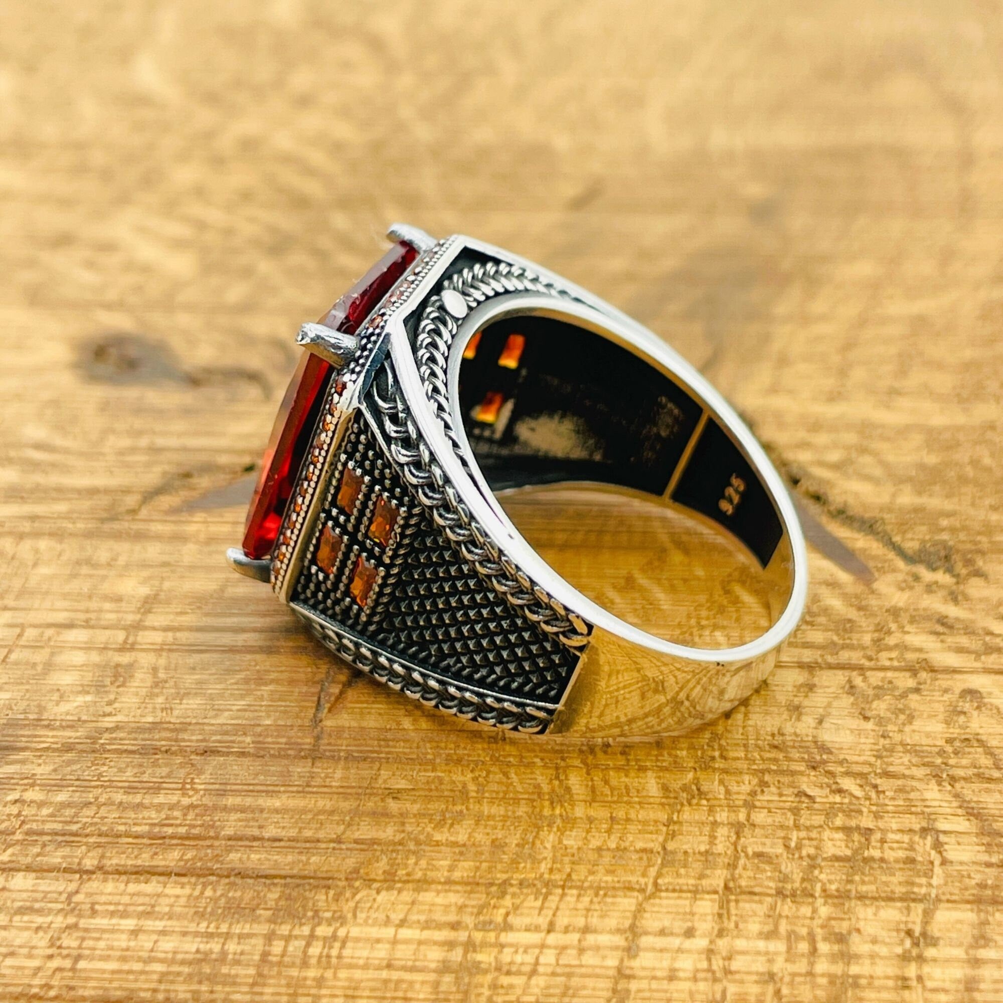 Turkish Handmade 925 Sterling Silver Men's Ruby Ring with Gift Box