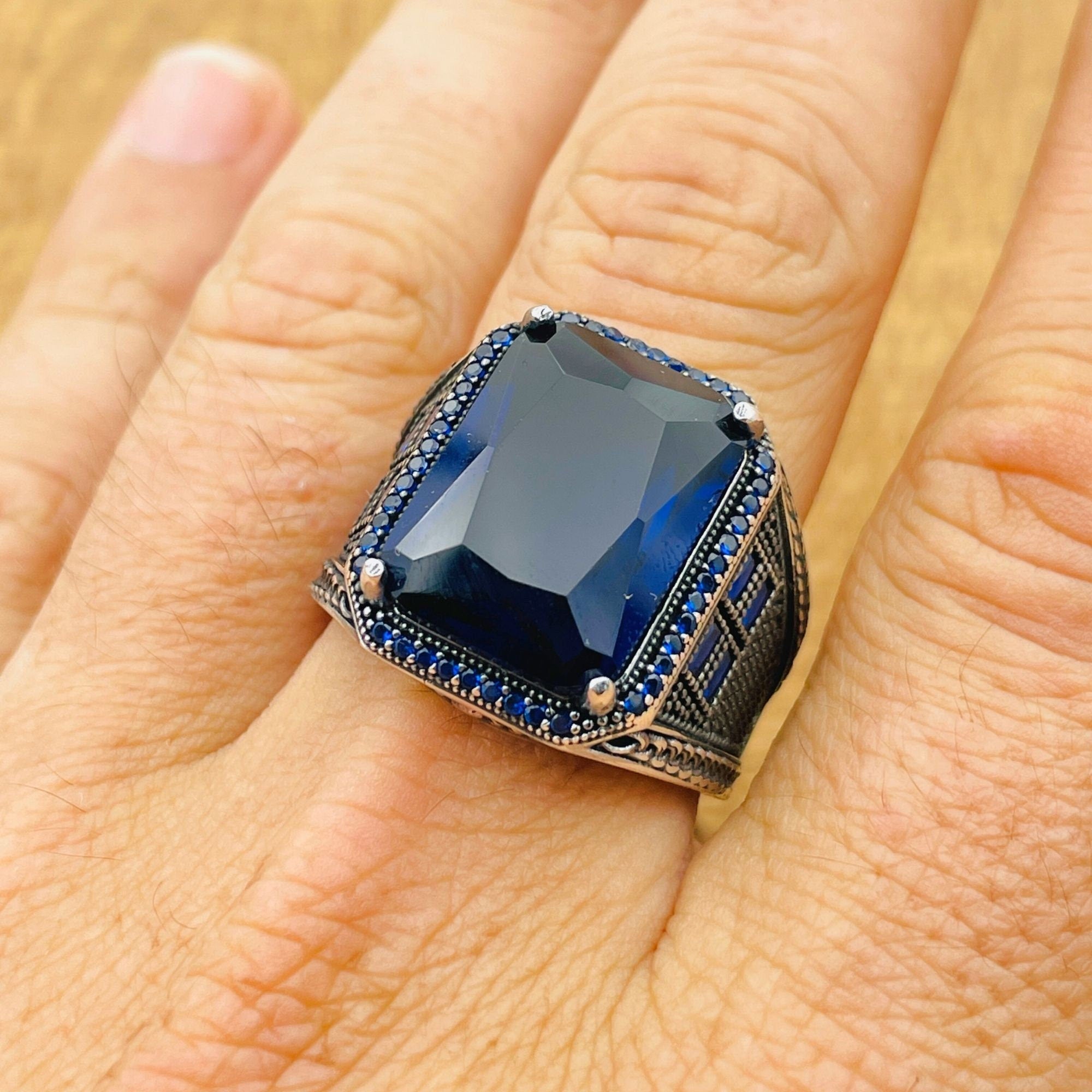 Men's Handmade Turkish Blue Sapphire 925 Sterling Silver Ring
