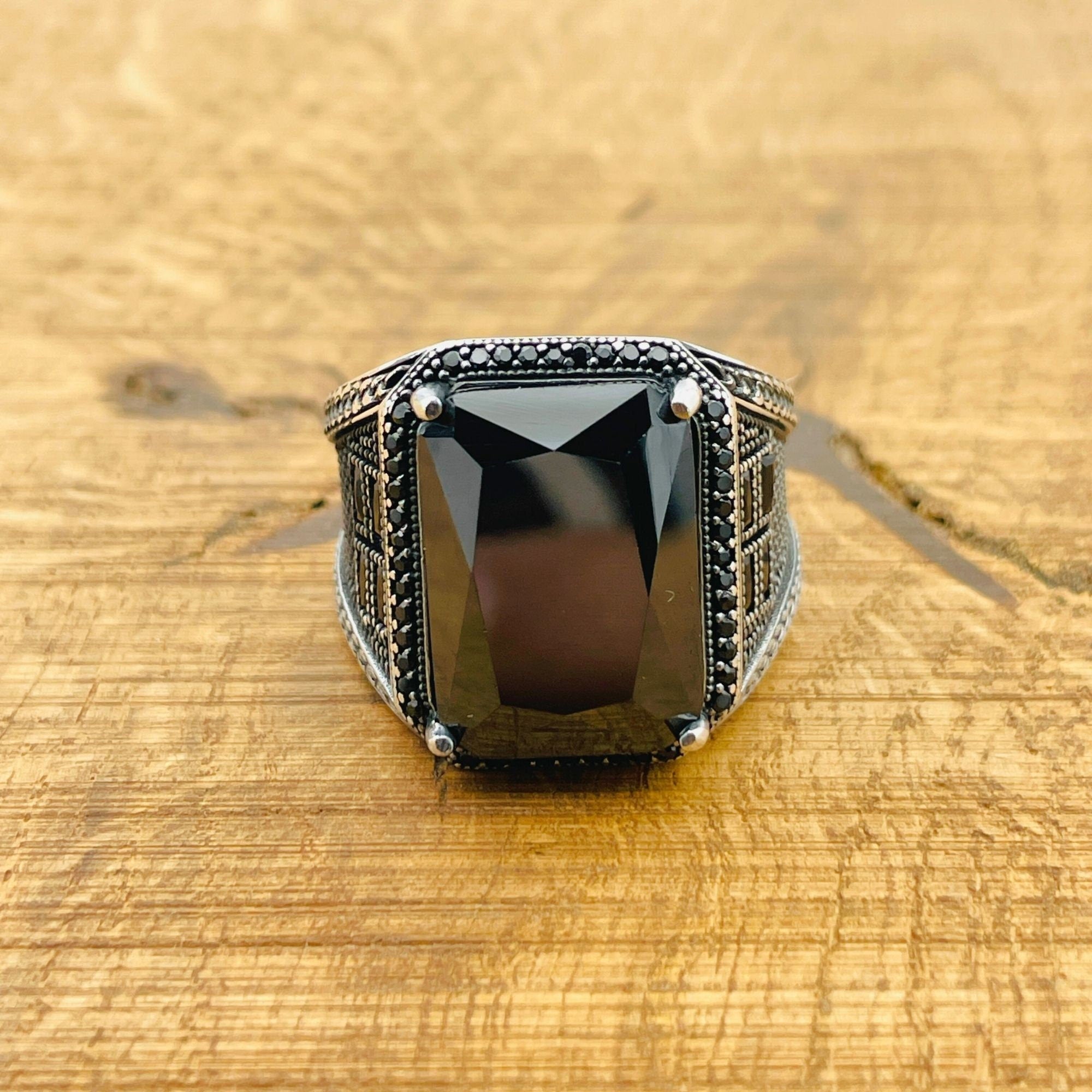 Men's Handcrafted Turkish 925 Sterling Silver Black Zircon Ring