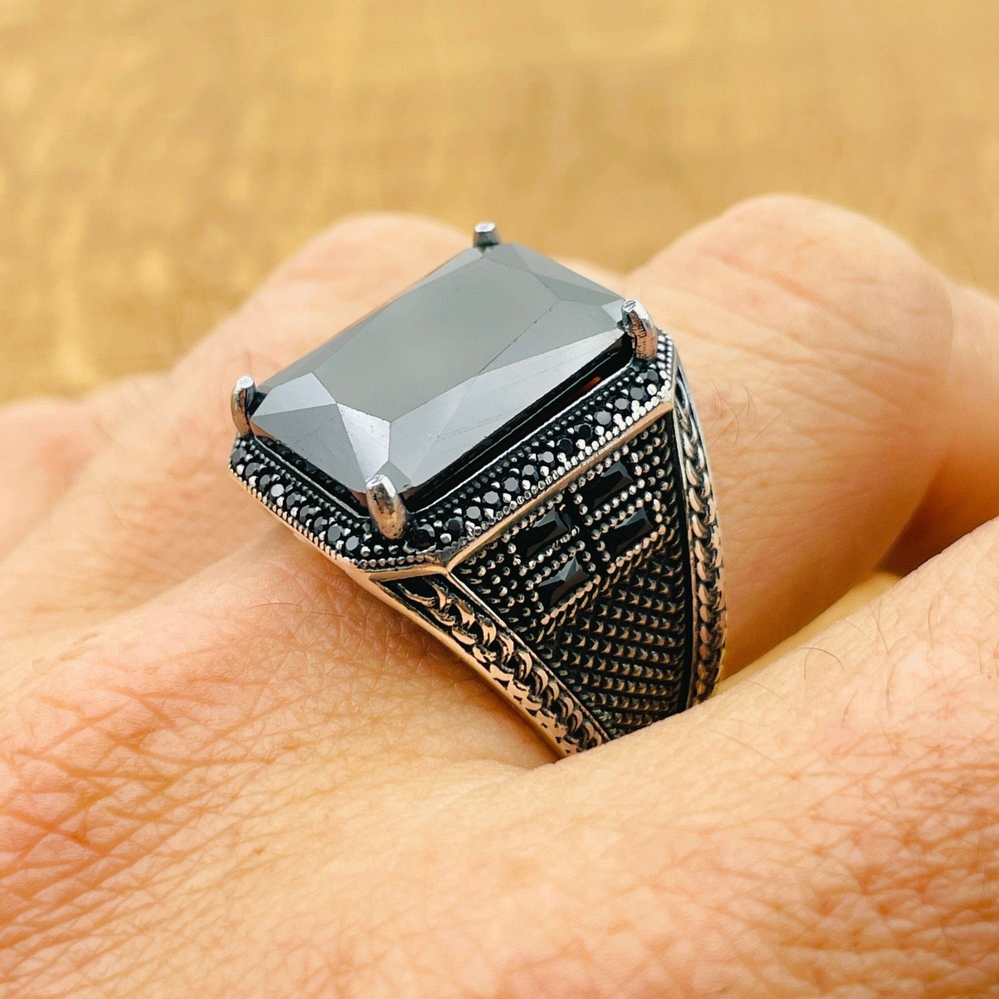 Men's Handcrafted Turkish 925 Sterling Silver Black Zircon Ring