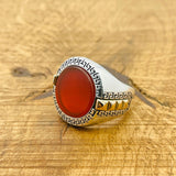 Turkish Handmade Men's 925 Sterling Silver Ring with Natural Red Aqeeq Stone - Authentic & Unique Gift