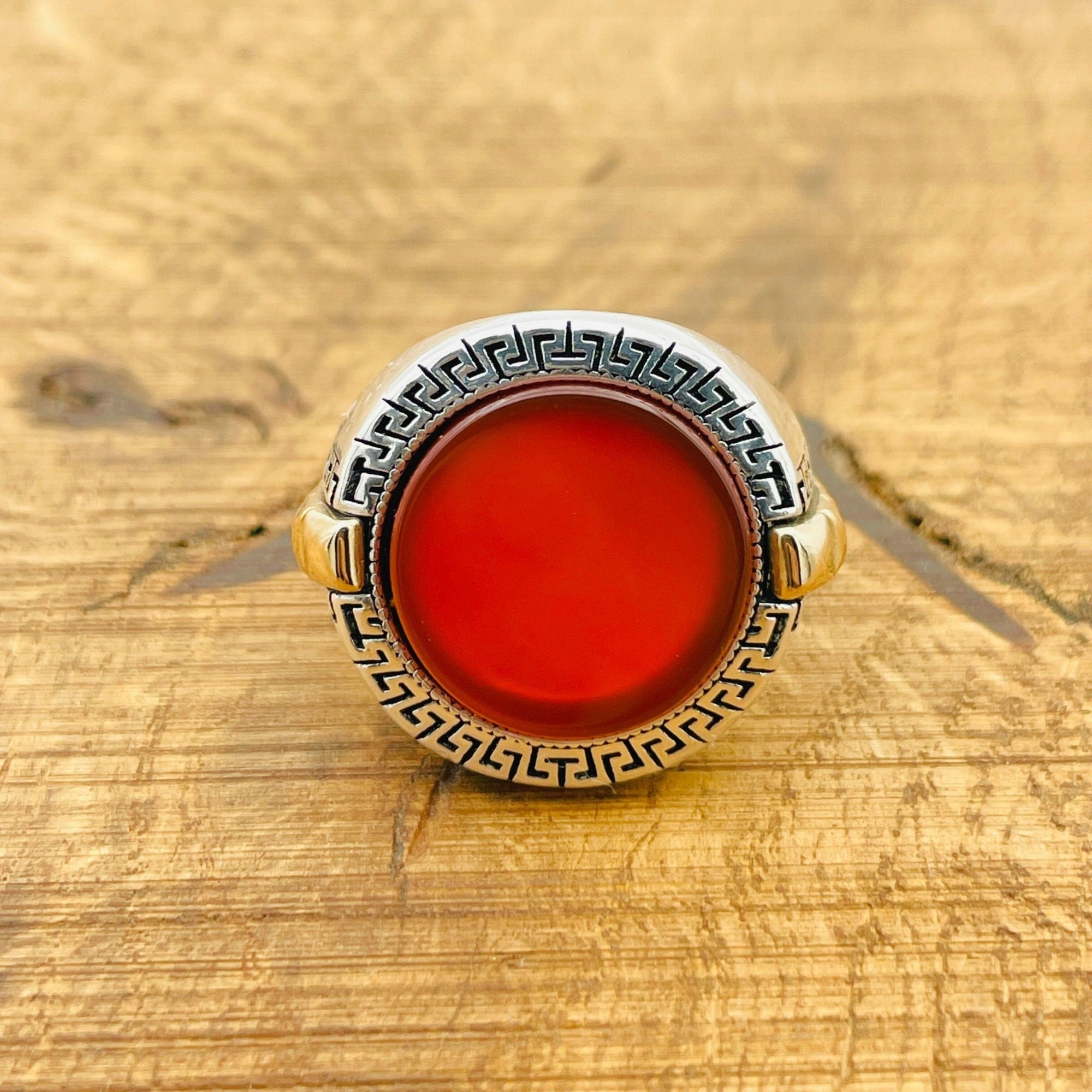 Turkish Handmade Men's 925 Sterling Silver Ring with Natural Red Aqeeq Stone - Authentic & Unique Gift