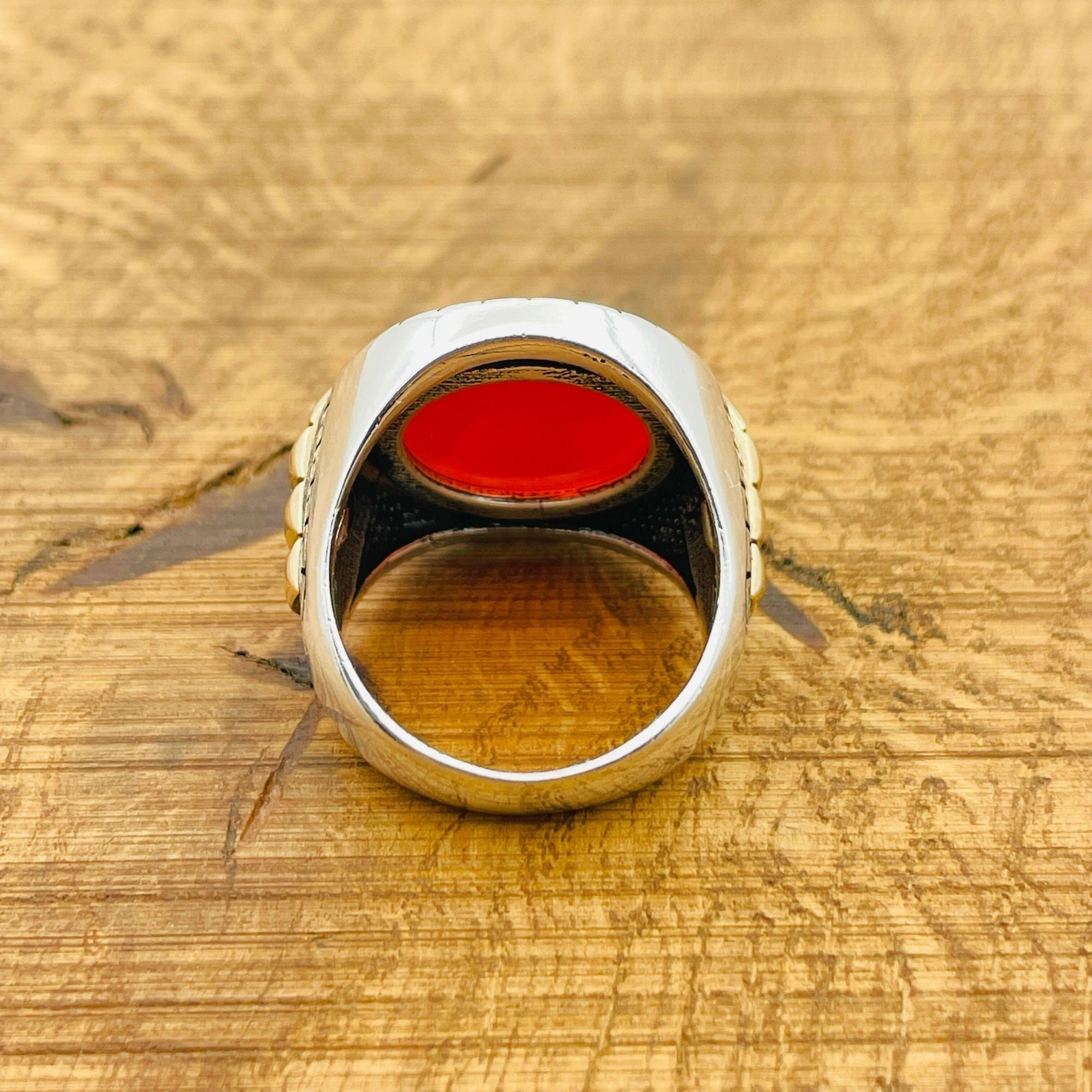 Turkish Handmade Men's 925 Sterling Silver Ring with Natural Red Aqeeq Stone - Authentic & Unique Gift