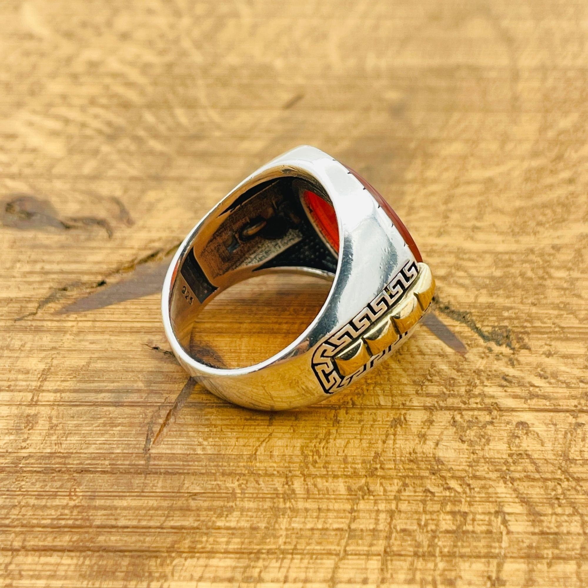 Turkish Handmade Men's 925 Sterling Silver Ring with Natural Red Aqeeq Stone - Authentic & Unique Gift