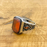 Men's Turkish Handmade Red Aqeeq Stone Ring | 925 Sterling Silver Statement Jewelry Gift