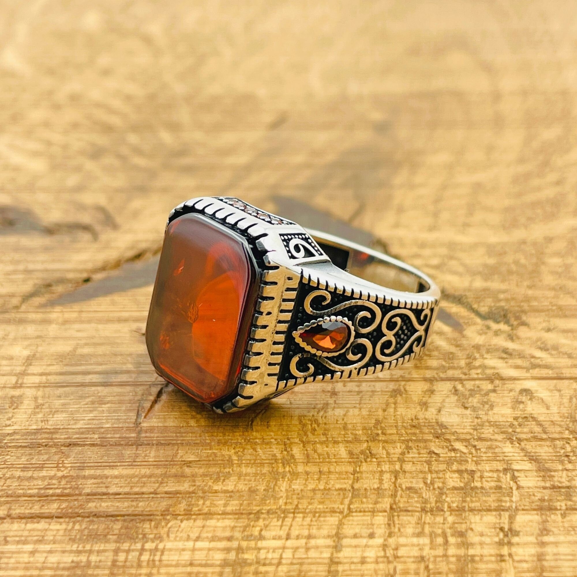 Men's Turkish Handmade Red Aqeeq Stone Ring | 925 Sterling Silver Statement Jewelry Gift