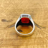 Men's Turkish Handmade Red Aqeeq Stone Ring | 925 Sterling Silver Statement Jewelry Gift