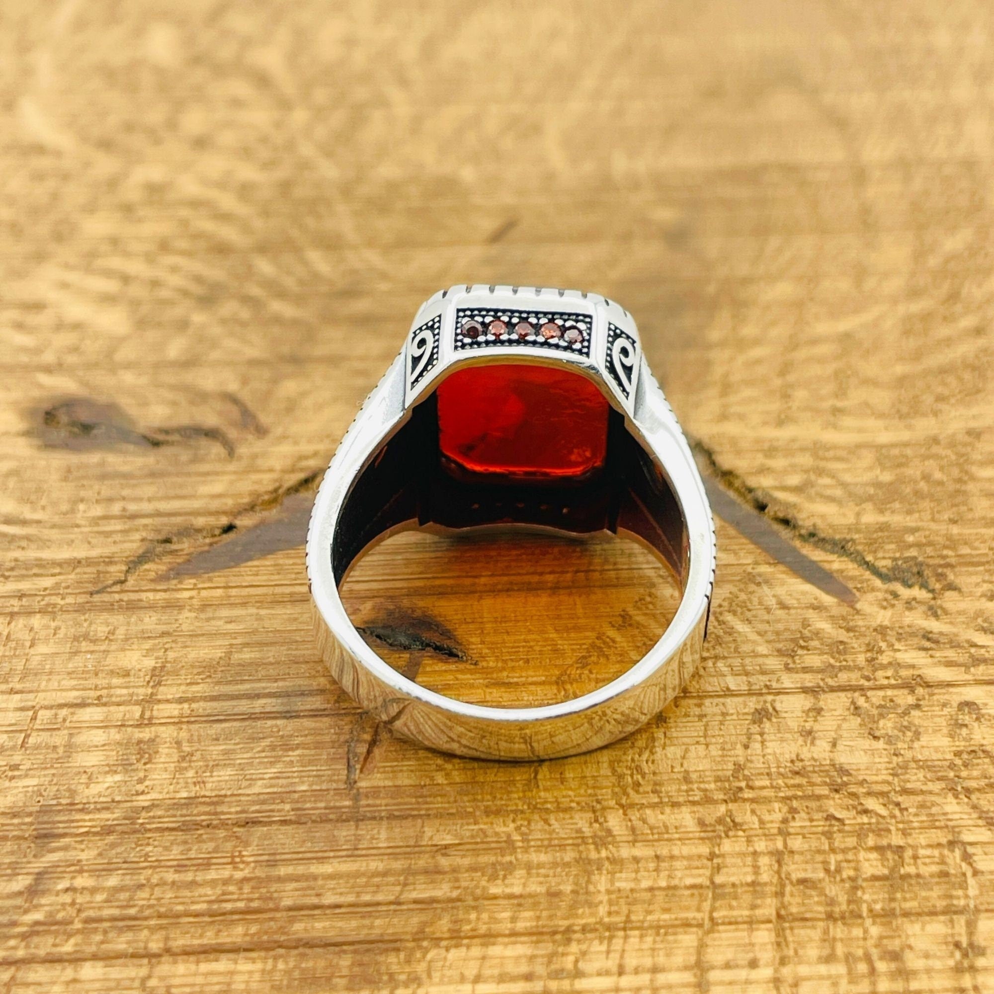 Men's Turkish Handmade Red Aqeeq Stone Ring | 925 Sterling Silver Statement Jewelry Gift