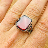 Men's Turkish Handmade Red Aqeeq Stone Ring | 925 Sterling Silver Statement Jewelry Gift