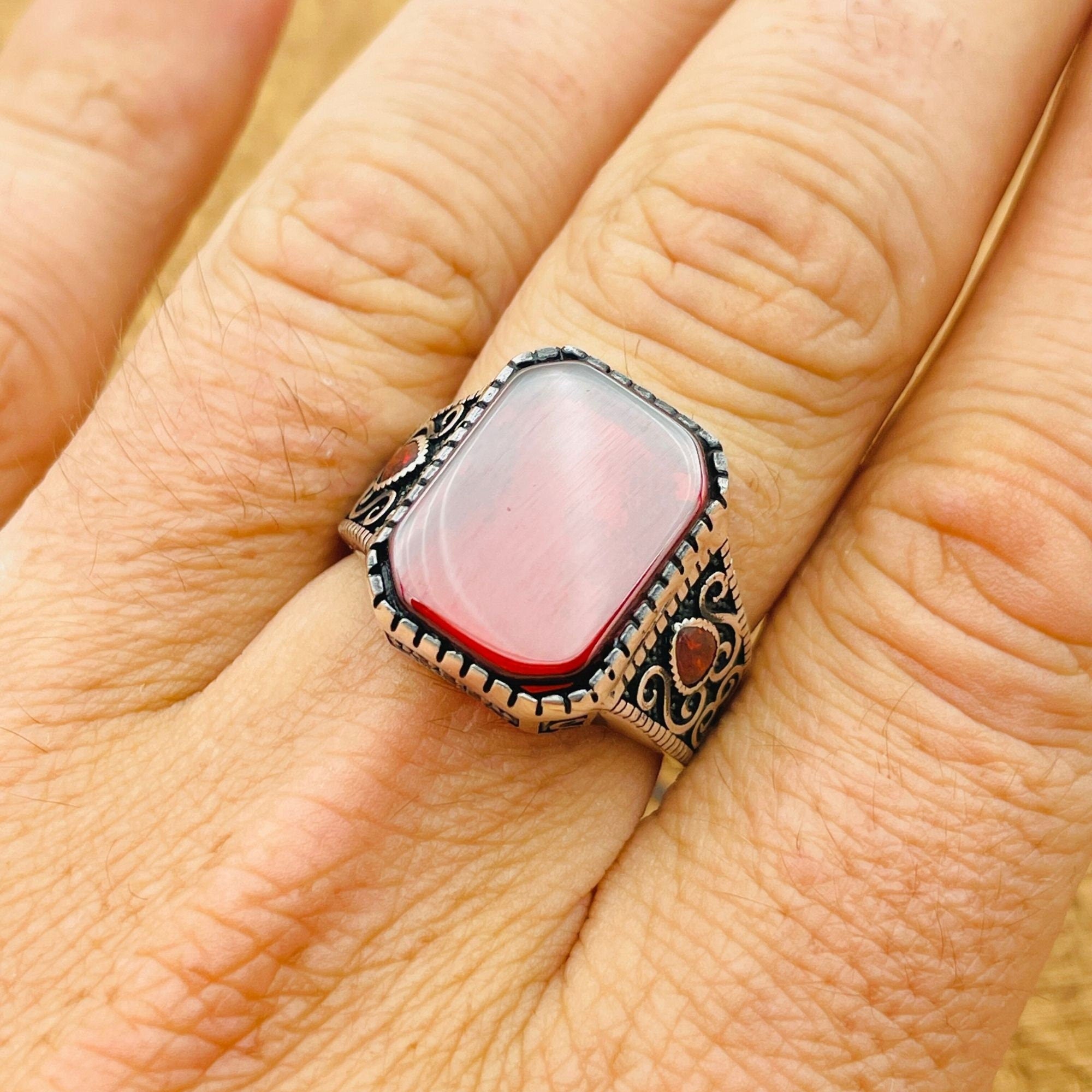 Men's Turkish Handmade Red Aqeeq Stone Ring | 925 Sterling Silver Statement Jewelry Gift