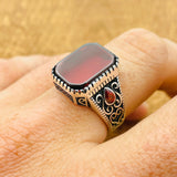 Men's Turkish Handmade Red Aqeeq Stone Ring | 925 Sterling Silver Statement Jewelry Gift