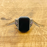 Handmade Turkish 925 Sterling Silver Men's Ring with Genuine Square Black Onyx Gemstone